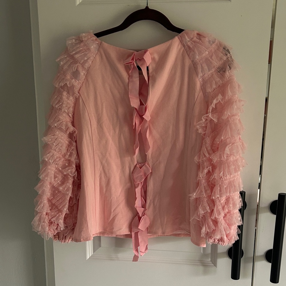 Anthropologie Eva Franco Pink Ruffled tulle Sleeve Bow‎ Peplum Top size 6 - Picture 3 of 6